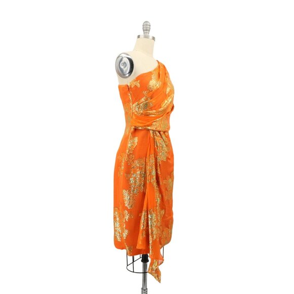 David Meister Silk Metallic Foiled Floral One Shoulder Orange Party Dress 6 - Picture 5 of 9